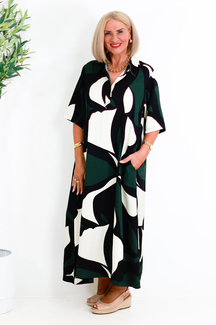 Primrose Tarni Swing Shirt Dress  | GREEN IVORY & BLACK