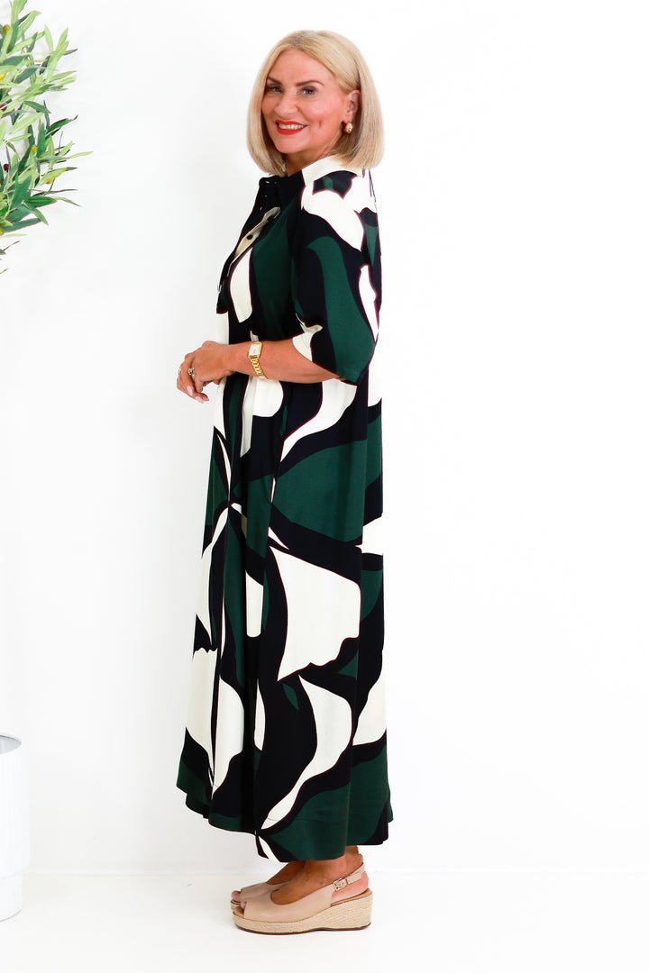 Primrose Tarni Swing Shirt Dress  | GREEN IVORY & BLACK