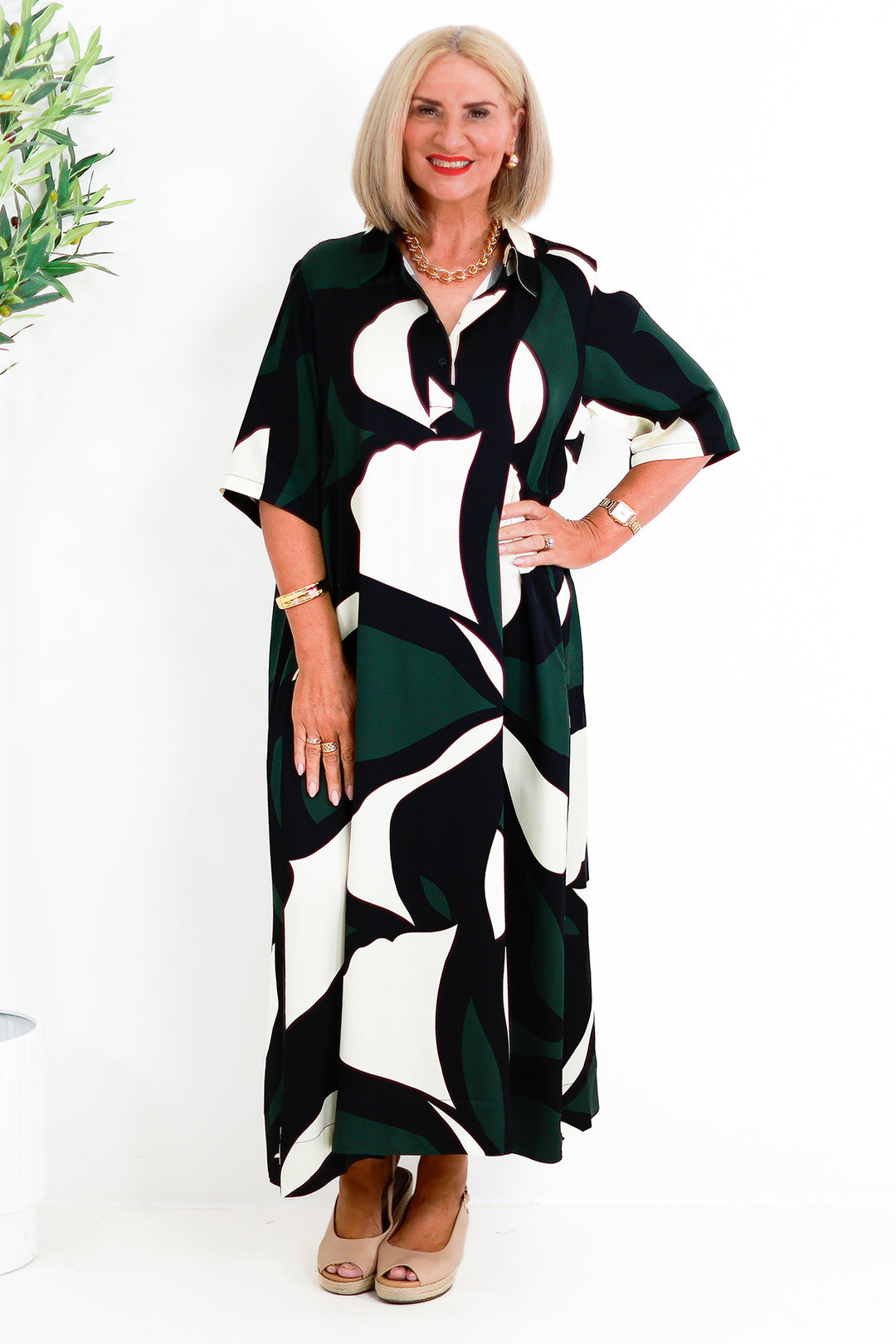 Primrose Tarni Swing Shirt Dress  | GREEN IVORY & BLACK