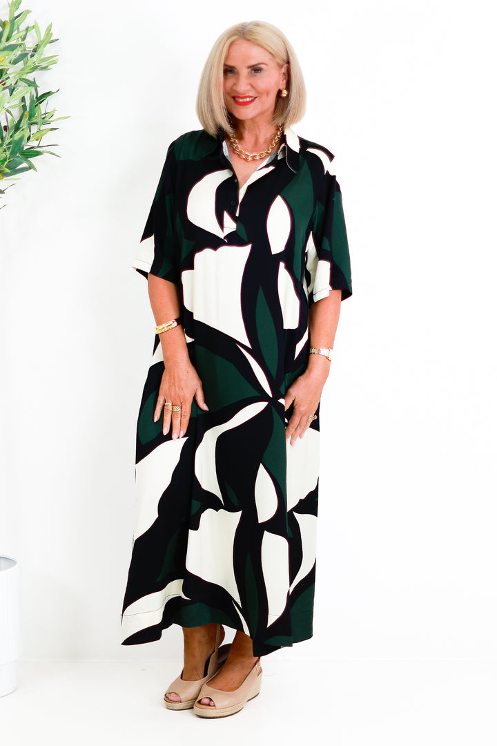 Primrose Tarni Swing Shirt Dress  | GREEN IVORY & BLACK