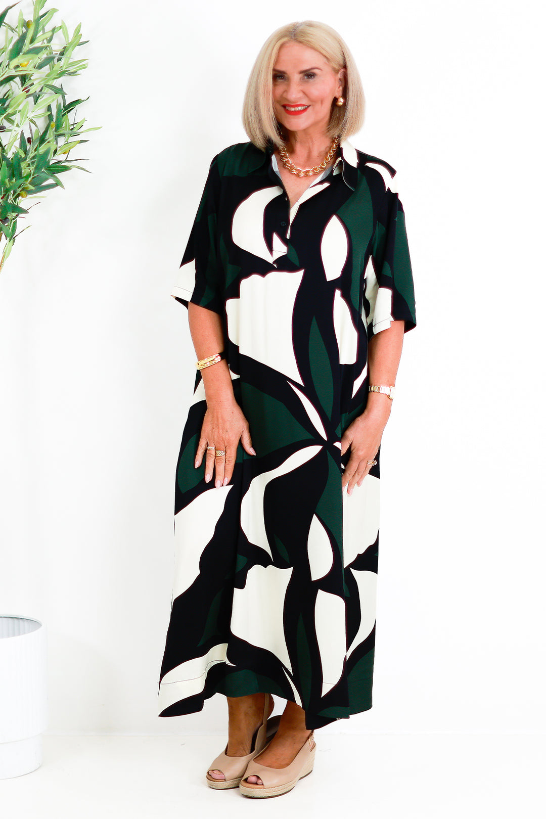 Primrose Tarni Swing Shirt Dress  | GREEN IVORY & BLACK