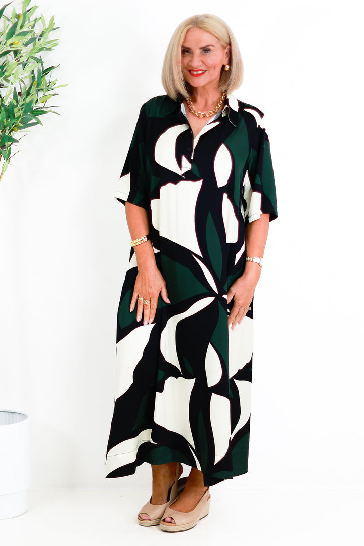Primrose Tarni Swing Shirt Dress  | GREEN IVORY & BLACK