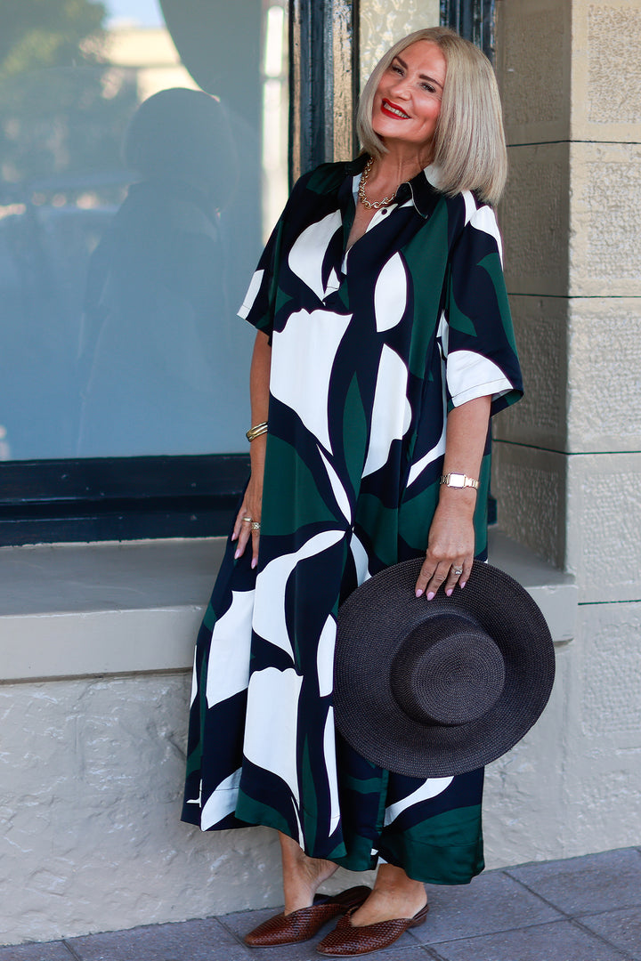 Primrose Tarni Swing Shirt Dress  | GREEN IVORY & BLACK