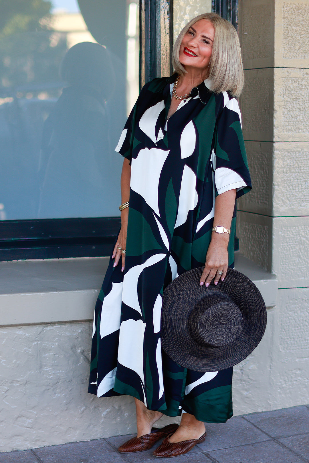 Primrose Tarni Swing Shirt Dress  | GREEN IVORY & BLACK