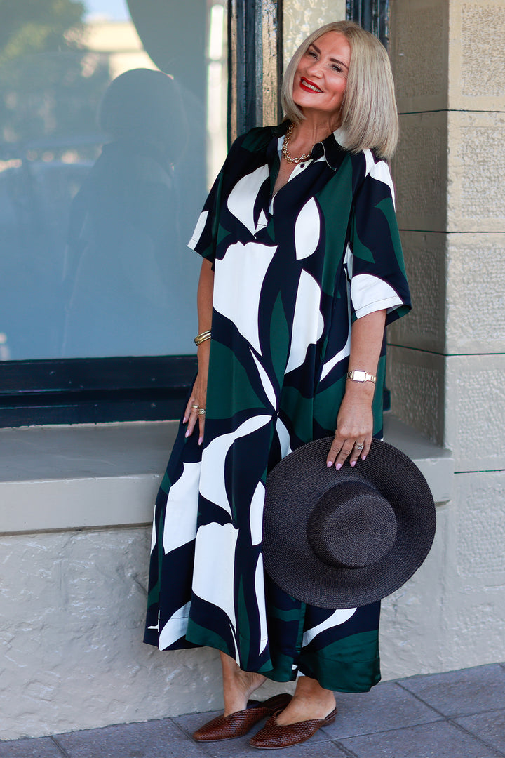 Primrose Tarni Swing Shirt Dress  | GREEN IVORY & BLACK