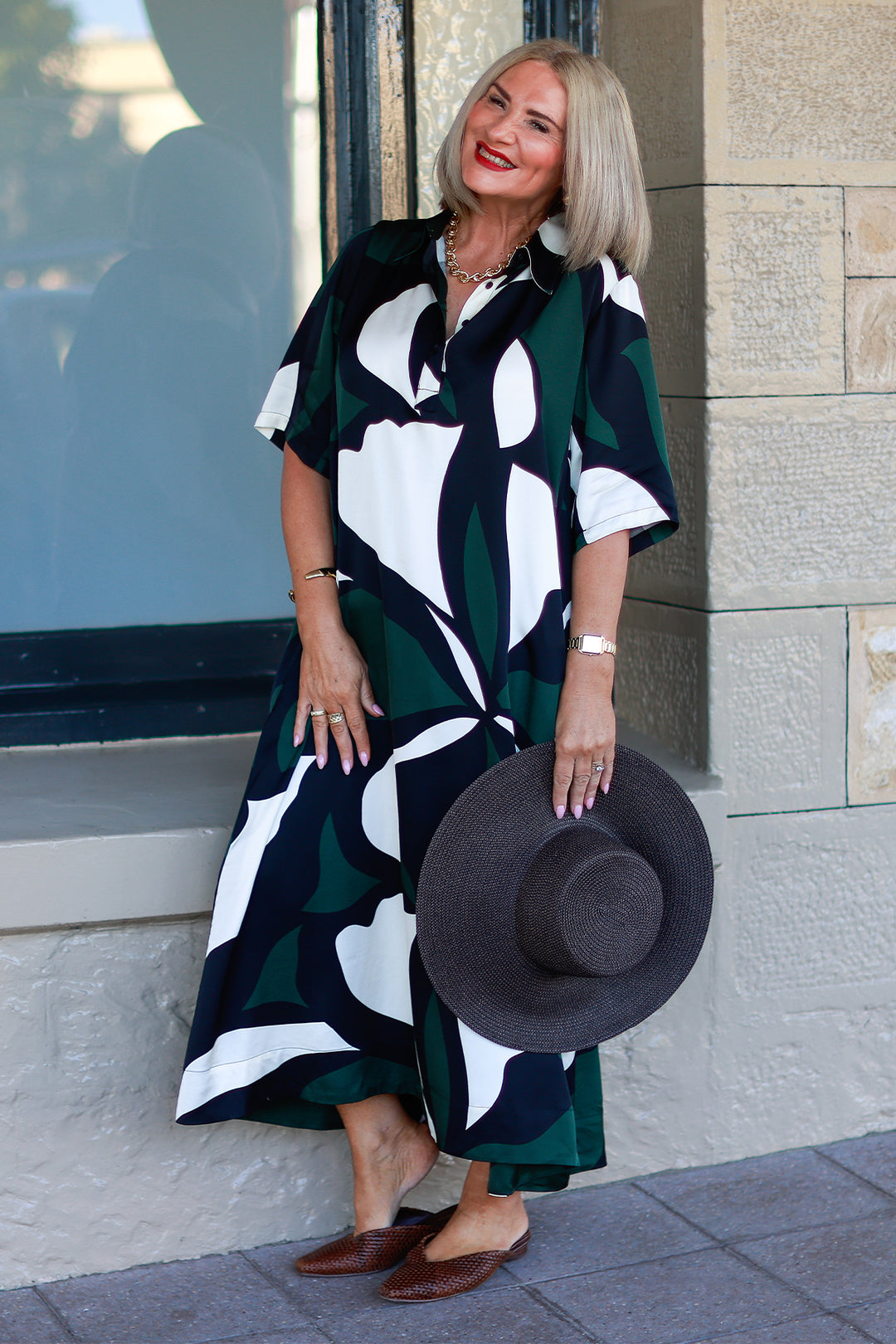 Primrose Tarni Swing Shirt Dress  | GREEN IVORY & BLACK